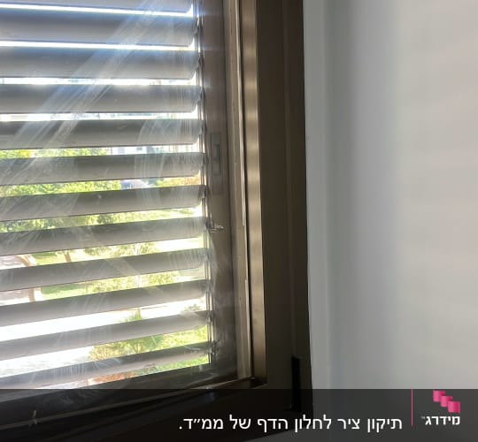 תריסים מותקנים על חלון עם אור שמש חודר